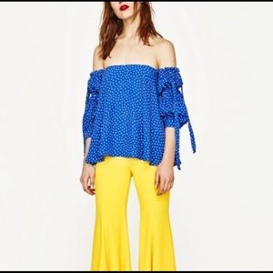 Zara Off the Shoulder Blue and White Polka Dot Top